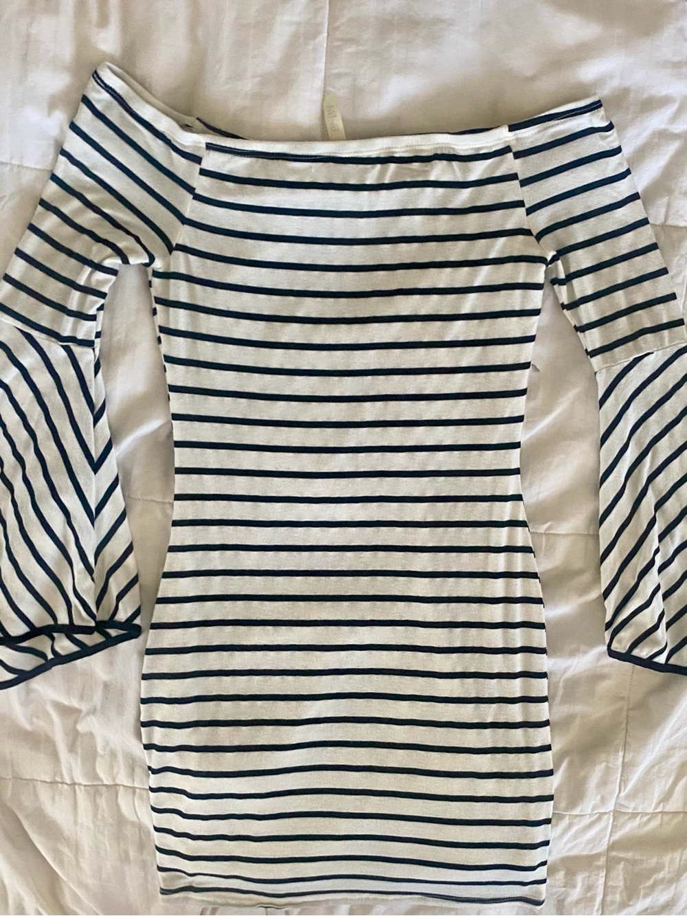 Striped Off-Shoulder Bell Sleeve Dress - Black & White - Picture 4 of 4